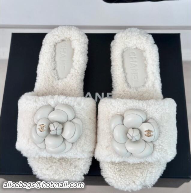 Low Cost Chanel Shearling Fur Slides Sandal 4cm with Camellia Bloom White 1017107