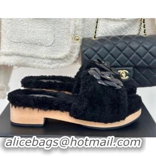 Perfect Chanel Shearling Fur Slides Sandal 4cm with Camellia Bloom Black 1017108