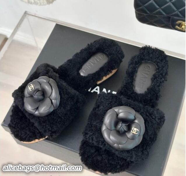 Perfect Chanel Shearling Fur Slides Sandal 4cm with Camellia Bloom Black 1017108