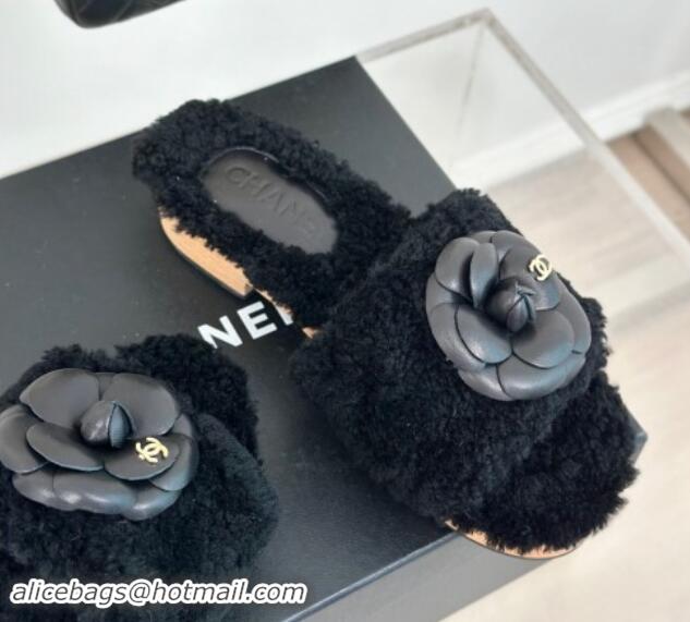 Perfect Chanel Shearling Fur Slides Sandal 4cm with Camellia Bloom Black 1017108