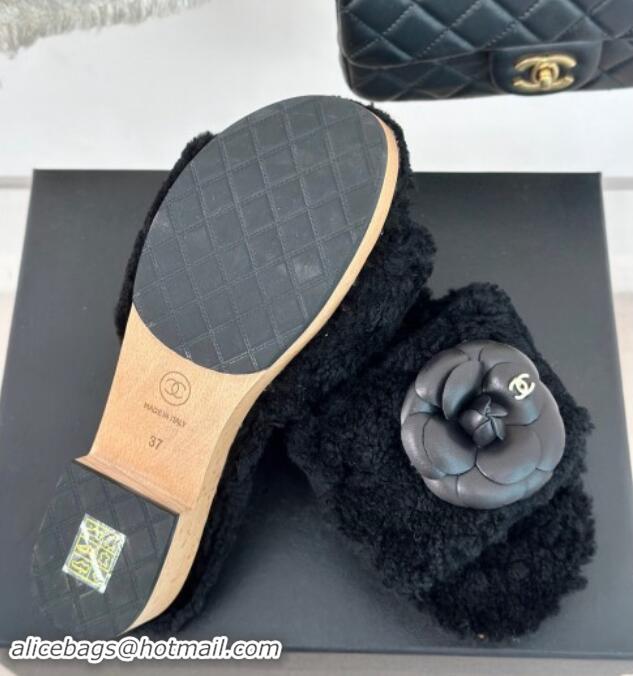 Perfect Chanel Shearling Fur Slides Sandal 4cm with Camellia Bloom Black 1017108