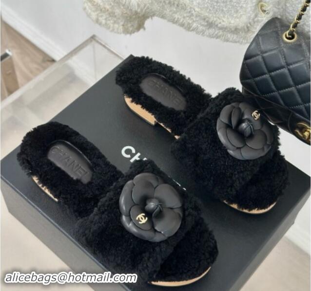 Perfect Chanel Shearling Fur Slides Sandal 4cm with Camellia Bloom Black 1017108