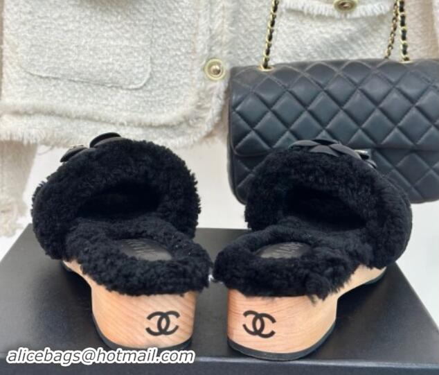 Perfect Chanel Shearling Fur Slides Sandal 4cm with Camellia Bloom Black 1017108