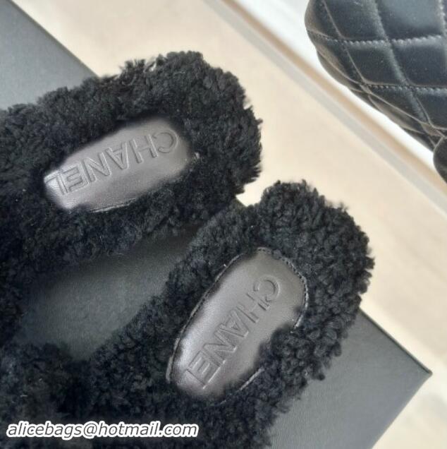 Perfect Chanel Shearling Fur Slides Sandal 4cm with Camellia Bloom Black 1017108