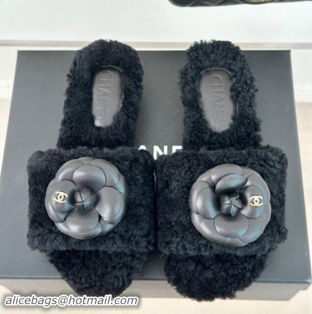 Perfect Chanel Shearling Fur Slides Sandal 4cm with Camellia Bloom Black 1017108