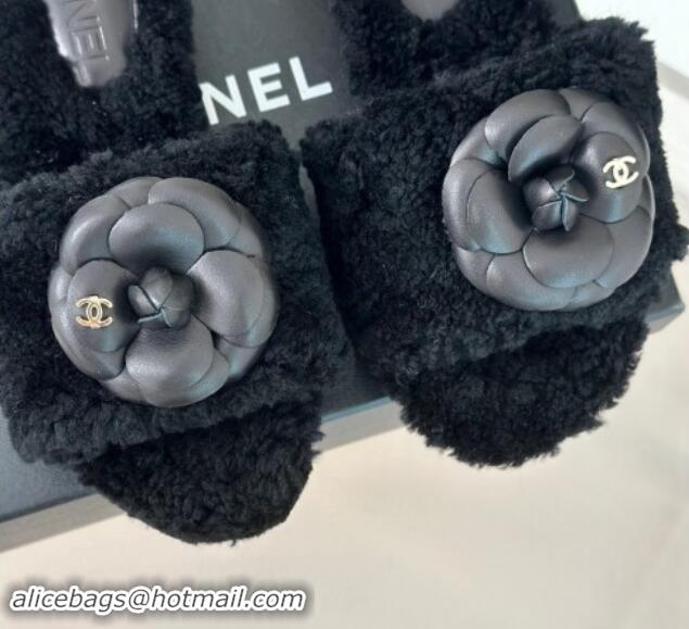 Perfect Chanel Shearling Fur Slides Sandal 4cm with Camellia Bloom Black 1017108