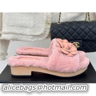 Original Cheap Chanel Shearling Fur Slides Sandal 4cm with Camellia Bloom Pink 017109