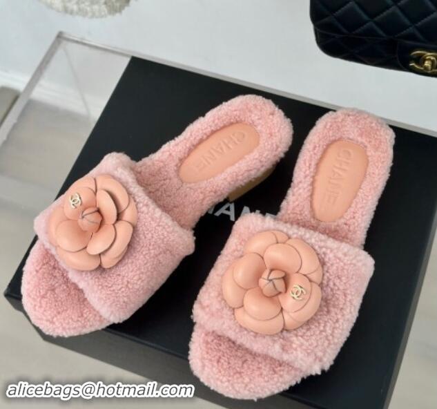 Original Cheap Chanel Shearling Fur Slides Sandal 4cm with Camellia Bloom Pink 017109