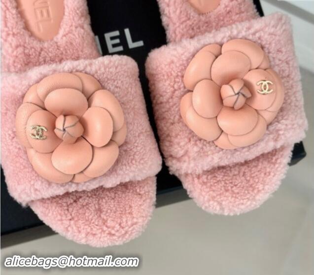 Original Cheap Chanel Shearling Fur Slides Sandal 4cm with Camellia Bloom Pink 017109