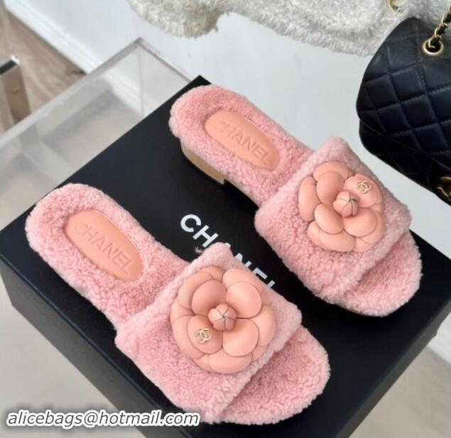 Original Cheap Chanel Shearling Fur Slides Sandal 4cm with Camellia Bloom Pink 017109