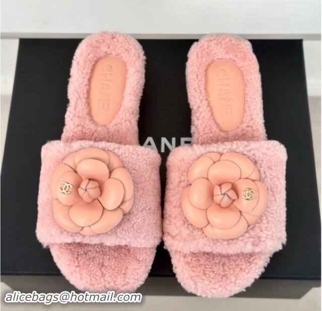 Original Cheap Chanel Shearling Fur Slides Sandal 4cm with Camellia Bloom Pink 017109