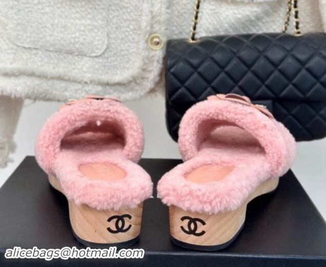 Original Cheap Chanel Shearling Fur Slides Sandal 4cm with Camellia Bloom Pink 017109