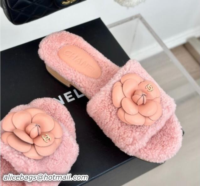 Original Cheap Chanel Shearling Fur Slides Sandal 4cm with Camellia Bloom Pink 017109