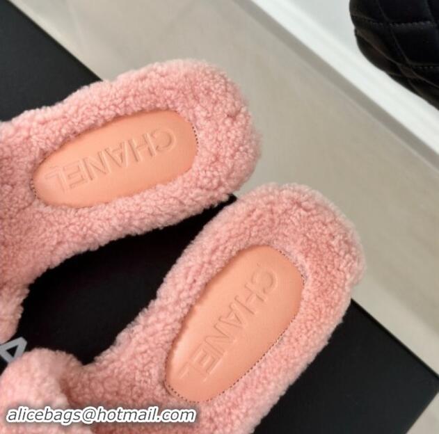 Original Cheap Chanel Shearling Fur Slides Sandal 4cm with Camellia Bloom Pink 017109