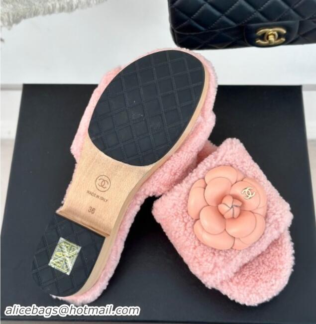 Original Cheap Chanel Shearling Fur Slides Sandal 4cm with Camellia Bloom Pink 017109