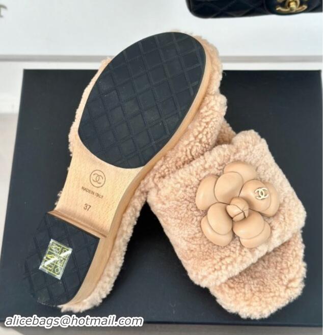 Lowest Cost Chanel Shearling Fur Slides Sandal 4cm with Camellia Bloom Beige 1017110