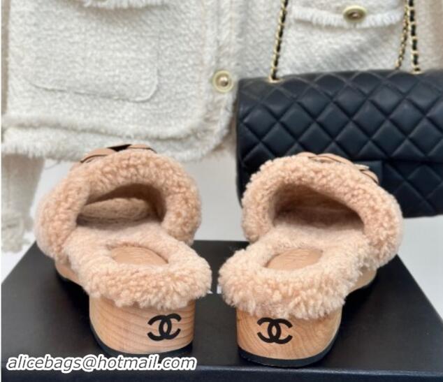 Lowest Cost Chanel Shearling Fur Slides Sandal 4cm with Camellia Bloom Beige 1017110