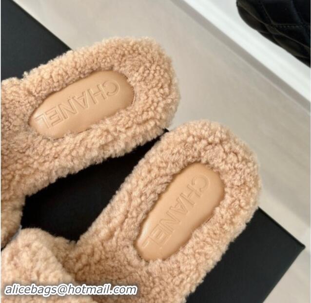 Lowest Cost Chanel Shearling Fur Slides Sandal 4cm with Camellia Bloom Beige 1017110