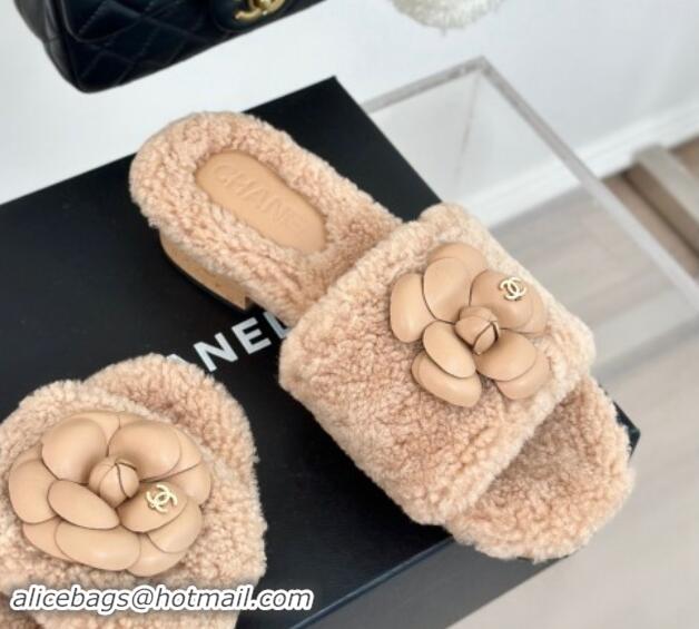 Lowest Cost Chanel Shearling Fur Slides Sandal 4cm with Camellia Bloom Beige 1017110