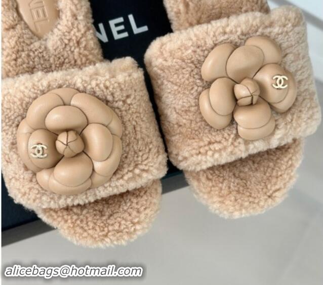 Lowest Cost Chanel Shearling Fur Slides Sandal 4cm with Camellia Bloom Beige 1017110