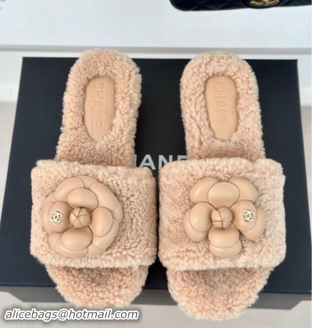 Lowest Cost Chanel Shearling Fur Slides Sandal 4cm with Camellia Bloom Beige 1017110