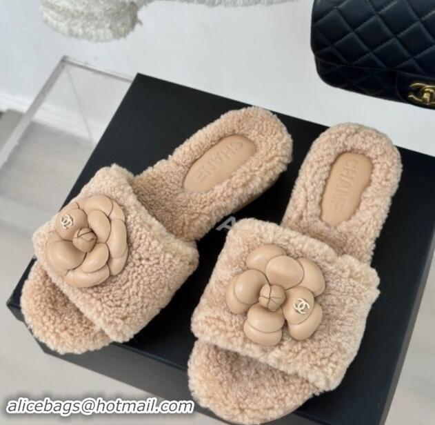 Lowest Cost Chanel Shearling Fur Slides Sandal 4cm with Camellia Bloom Beige 1017110