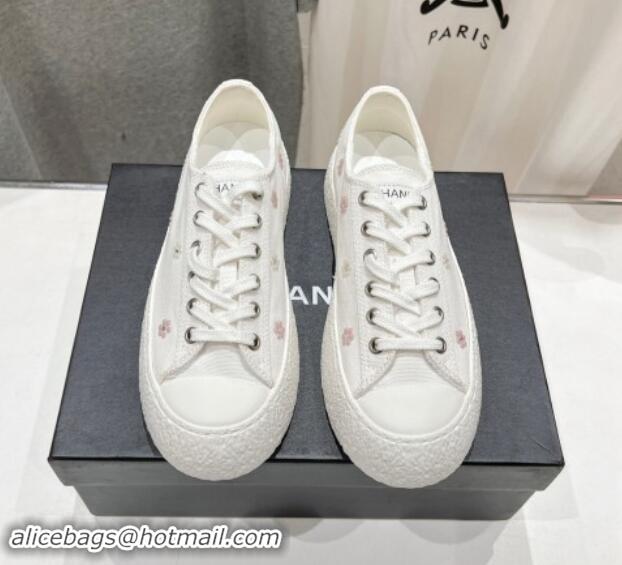 Feminine Chanel Canvas Platform Sneakers with Strass Bloom White 1017111