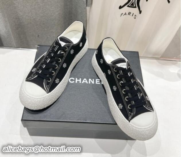 Classic Hot Chanel Canvas Platform Sneakers with Strass Bloom Black 1017112