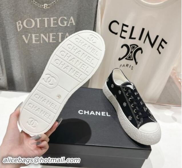 Classic Hot Chanel Canvas Platform Sneakers with Strass Bloom Black 1017112