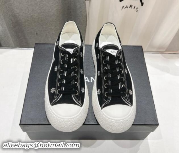 Classic Hot Chanel Canvas Platform Sneakers with Strass Bloom Black 1017112