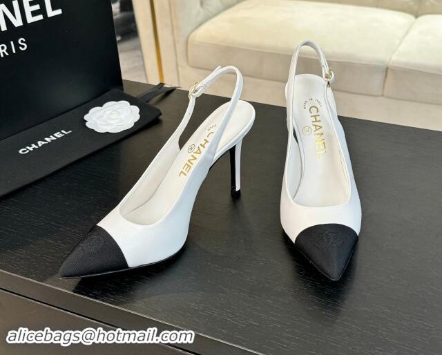 Best Price Chanel Calfskin & Grosgrain Pointed Slingback Pumps White 1017119