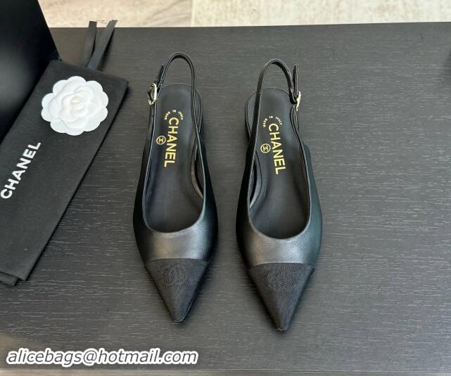 Classic Hot Chanel Calfskin & Grosgrain Pointed Slingback Flats Black 1017121