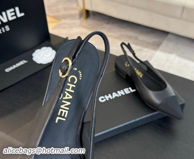 Classic Hot Chanel Calfskin & Grosgrain Pointed Slingback Flats Black 1017121