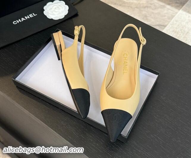 Good Looking Chanel Calfskin & Grosgrain Pointed Slingback Flats Beige 1017122