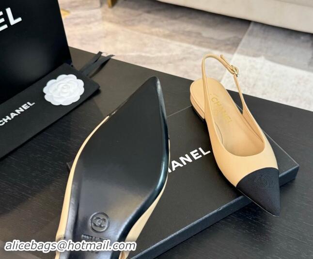 Good Looking Chanel Calfskin & Grosgrain Pointed Slingback Flats Beige 1017122