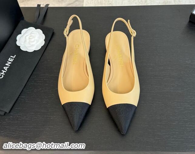 Good Looking Chanel Calfskin & Grosgrain Pointed Slingback Flats Beige 1017122