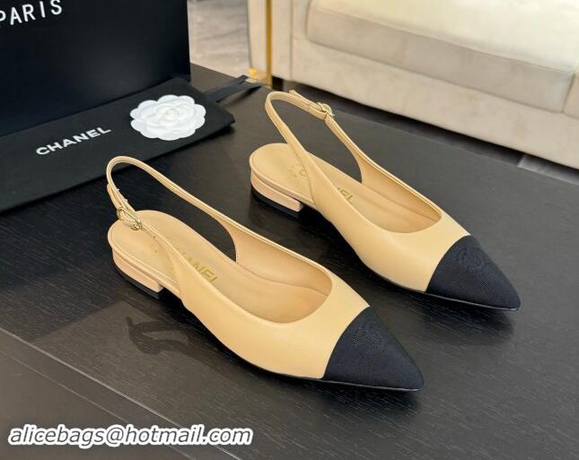 Good Looking Chanel Calfskin & Grosgrain Pointed Slingback Flats Beige 1017122