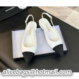 Top Grade Chanel Calfskin & Grosgrain Pointed Slingback Flats White 1017123