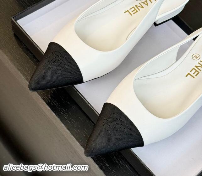 Top Grade Chanel Calfskin & Grosgrain Pointed Slingback Flats White 1017123