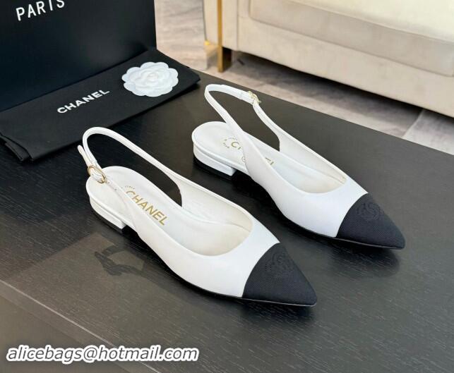 Top Grade Chanel Calfskin & Grosgrain Pointed Slingback Flats White 1017123