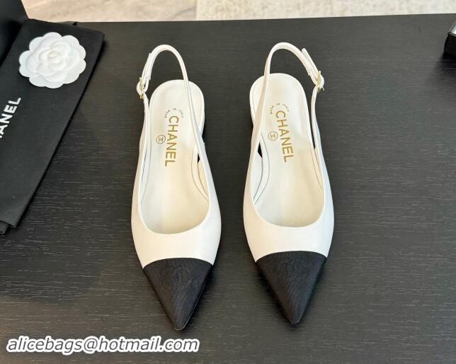 Top Grade Chanel Calfskin & Grosgrain Pointed Slingback Flats White 1017123