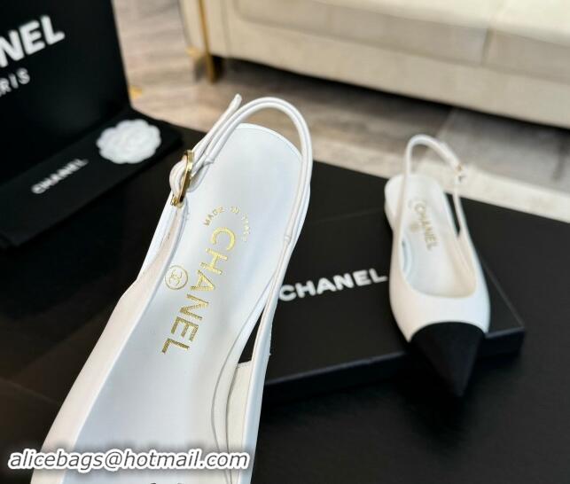 Top Grade Chanel Calfskin & Grosgrain Pointed Slingback Flats White 1017123