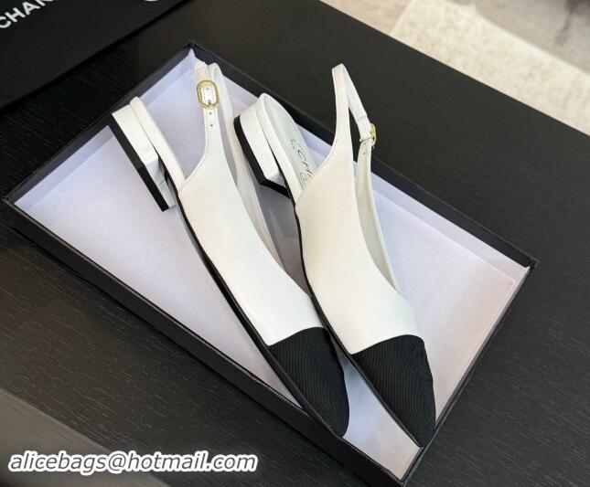 Top Grade Chanel Calfskin & Grosgrain Pointed Slingback Flats White 1017123