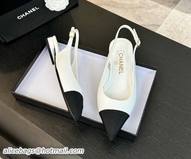 Top Grade Chanel Calfskin & Grosgrain Pointed Slingback Flats White 1017123