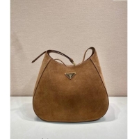 Buy Inexpensive Prada Large suede hobo shoulder bag with topstitching 1BC181 Brown 2024