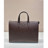 Top Grade Prada Mens Saffiano leather tote bag 2VG039 Coffee Brown 2024