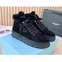 Luxury Prada Suede and Wool Platform High-top Sneakers 5cm Black 1011104