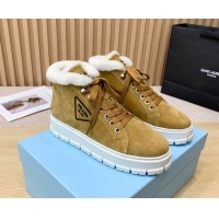 Top Design Prada Suede and Wool Platform High-top Sneakers 5cm Light Brown 011106