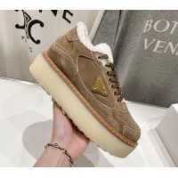 Best Product Prada Suede Mid-top Sneakers with Shearling Lining 1T725N Light Brown 101410