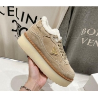 Buy Luxury Prada Suede Mid-top Sneakers with Shearling Lining 1T725N Beige 101413